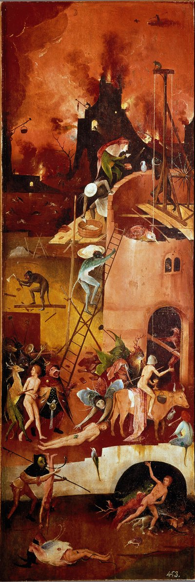 O tryptic do feno: construções infernais. O painel interior direito. Pintura em madeira por Hieronymus Van Aeken (Aken) dit Jerome Bosch (1450-1516) 1500-1502 Dim. 140x232 cm Real Monasterio de El Escorial, El Escorial, Espanha de Hieronymus Bosch