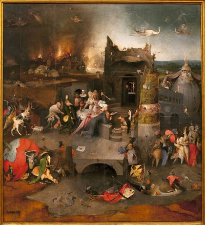 Tríptico das tentações - parte central: a tentação de Santo Antônio o Grande (ou Santo Antônio o Eremita ou Santo Antônio a Abadia. Pintura de Hieronymus Van Aeken (Aken) dit Jerome Bosch (1450-1516), óleo sobre madeira, cerca de 1500 (Tríptico do tríptico de Hieronymus Bosch