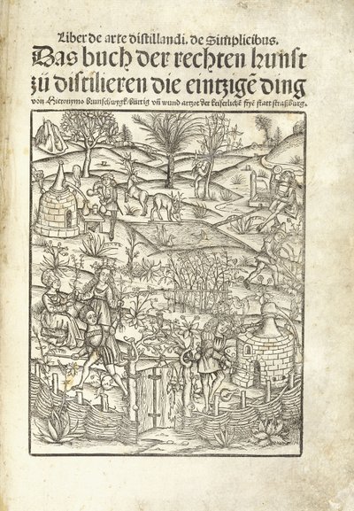 Página de título, ilustrando destilarias de ervas com figuras em uma paisagem de Hieronymus Brunschwig
