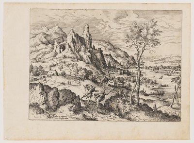 Daphne Perseguida por Apolo, de Paisagens com cenas bíblicas e mitológicas de Hieronymus Cock