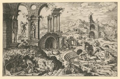 São Jerónimo numa paisagem de ruínas de Hieronymus Cock