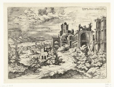 Vista do Palatino com o nascer do sol
Rvinarvm palatii maioris (...) (título sobre o objecto)
Ruínas romanas (título da série) de Hieronymus Cock