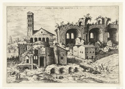 Vista do Templo de Rómulo e da Basílica de Constantino
Rvinarvm Templi Pacis (...) (título sobre o objecto)
Ruínas romanas (título da série) de Hieronymus Cock
