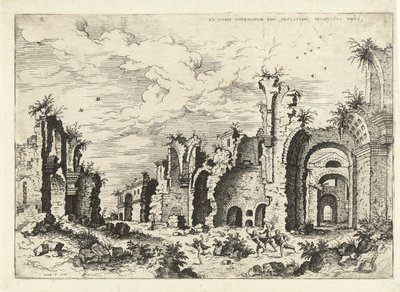 Vista das Termas de Diocleciano Ex Rvinis Thermarvm Imp Diocletianvs (...) (título no objeto) Ruínas romanas (título da série) de Hieronymus Cock