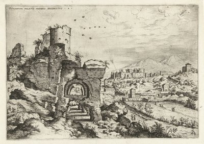 Vista do Monte Palatino nas Termas de Caracalla Rvinarvm palatii maioris prospects 4 (título no objeto) Ruínas romanas (título da série) de Hieronymus Cock