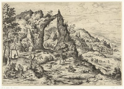 Judá e Tamar Paisagens com cenas bíblicas e mitológicas (título da série) de Hieronymus Cock
