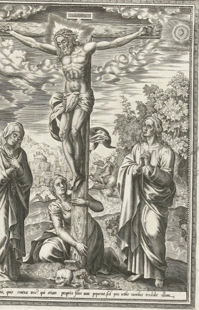 Crucificação com Maria, João Batista e Maria Madalena de Hieronymus Cock