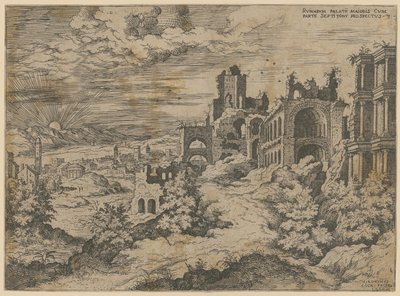 Ruínas do Palatino com vista panorâmica da paisagem, folha 3 da série «Praecipua aliquot Romanae Antiquitatis Ruinarum Monimenta [...]» de Hieronymus Cock
