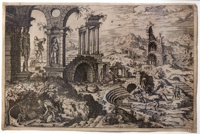 Paisagem em ruínas com o santo penitente Jerónimo de Hieronymus Cock