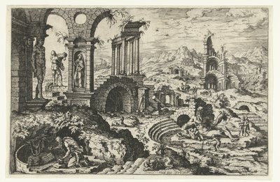 Paisagem arruinada com o penitente Hieronymus de Hieronymus Cock