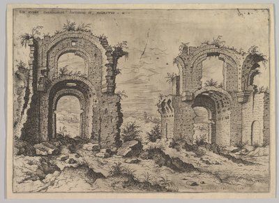 Segunda vista dos banhos de Diocleciano, do conjunto das ruínas romanas, 1550. de Hieronymus Cock