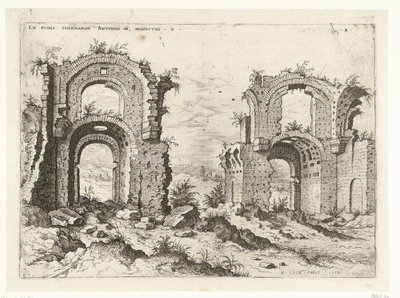 Segunda vista dos Banhos de Diocleciano
Ex Rvinis Thermarvm Antonini Pii (...) (título sobre o objecto)
Ruínas romanas (título da série) de Hieronymus Cock