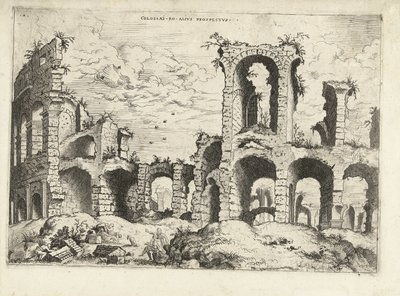 Segunda vista do Coliseu em Roma
Collossæi ro alivs prospectvs (título sobre o objecto)
Ruínas romanas (título da série) de Hieronymus Cock