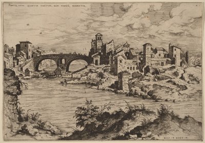 Vista da Ponte Quattro Capi e da Ilha do Tibre de Hieronymus Cock