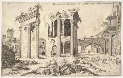 Vista de ruínas não identificadas com fachada trabeteada à esquerda, arcadas no centro e arco em r ..., 1551. de Hieronymus Cock