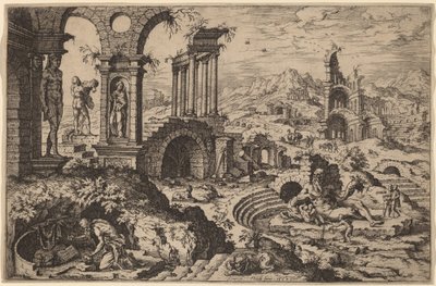 São Jerônimo em uma paisagem com ruínas de Hieronymus Cock after Maerten van Heemskerck