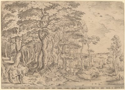 Paisagem com a tentação de Cristo de Hieronymus Cock after Pieter Bruegel the Elder