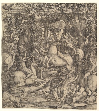Batalha entre cavalaria e infantaria em um bosque, século XVI. de Hieronymus Hopfer