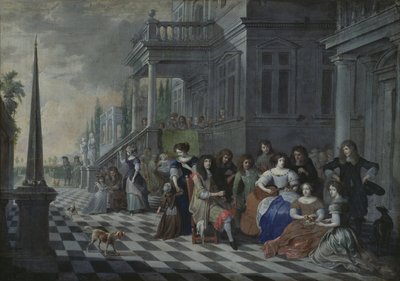 Personagens fazendo música na frente de um palácio, 1672 de Hieronymus Janssens