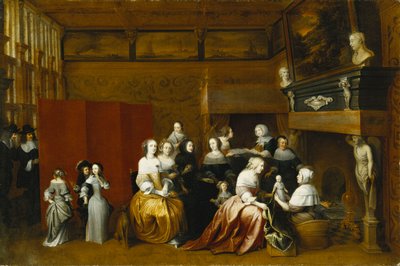 Senhoras que comemoram o nascimento de uma criança e senhores olhando de trás de uma tela, no interior, de Hieronymus Janssens