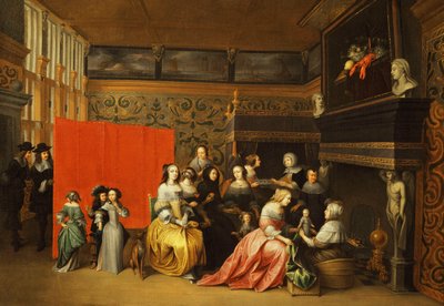 Senhoras que comemoram o nascimento de uma criança em um elegante Boudoir, de Hieronymus Janssens
