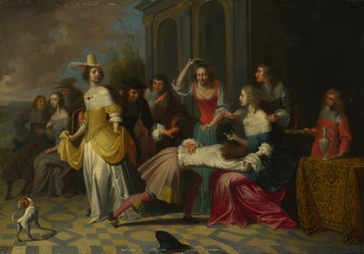 Senhoras e senhores tocando La Main Chaude, c. 1655-1665 de Hieronymus, Janssens