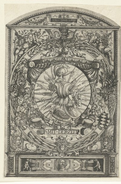 Medalhão com troféu de arma em moldura ornamental de Hieronymus Wechinger