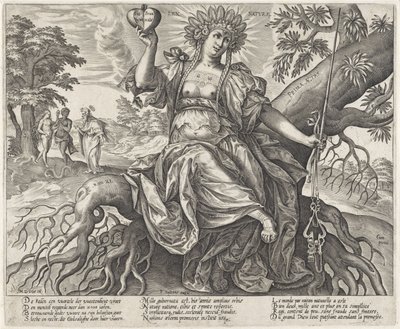 A Idade de Ouro: a lei da natureza
Prima Ætas (título sobre o objecto)
Personificações das três leis regem as três idades do mundo (título da série) de Hieronymus Wierix