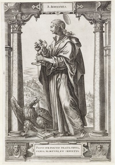 São João Evangelista S. Iohannes (título no objeto) Cristo e os Doze Apóstolos e São Paulo (título da série) de Hieronymus Wierix