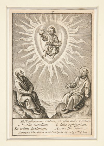 O Menino de Coração Flamejante entre Inácio de Loyola e Francisco Xavier de Hieronymus Wierix