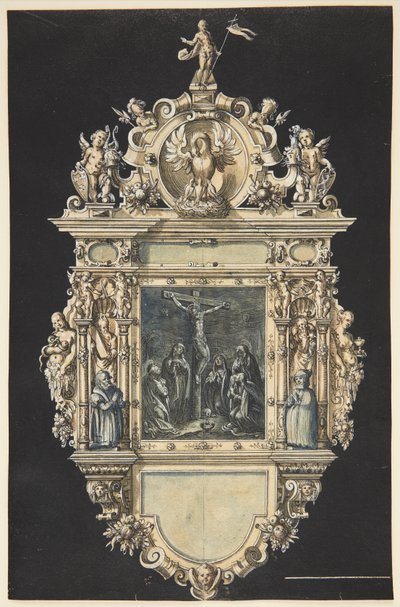 Esboço de um epitáfio com a crucificação de Cristo. Uma moldura ricamente ornamentada com inúmeras figuras de Hieronymus Wierix