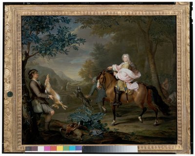 Um cavalheiro a cavalo com caçadores numa extensa paisagem de Hieronymus van der Mij