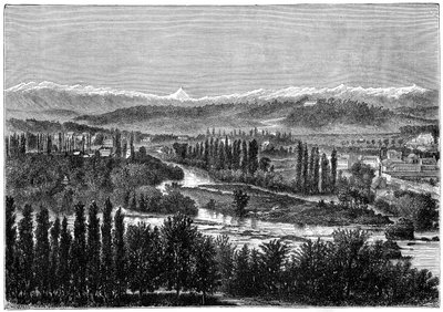 Os Pirinéus, vistos do terraço do castelo em Pau, França, 1879 de Hildibrand