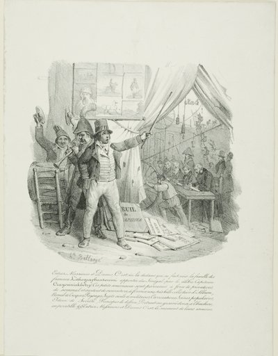 Entrem, senhoras e senhores, no interior verão a famosa família Lithographantoccini... Frontispício do "Álbum de 1824" de Hippolyte Bellange