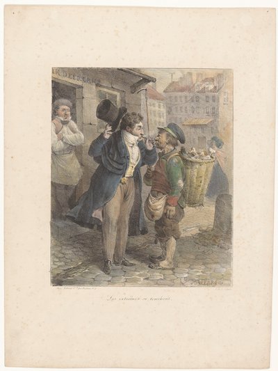 Cavalheiro bem vestido acende seu charuto do cachimbo de um trabalhador em trapos Les extrêmes se touchent (título no objeto) Esboços litográficos (título da série) Croquis lithographiques (título da série no objeto) de Hippolyte Bellange
