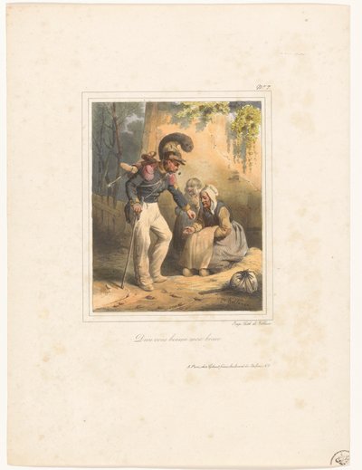 Soldado dá dinheiro a uma pobre mulher Dieu vous benira mon bravo (título no objeto) Álbum litográfico nº 9 (título da série) de Hippolyte Bellange