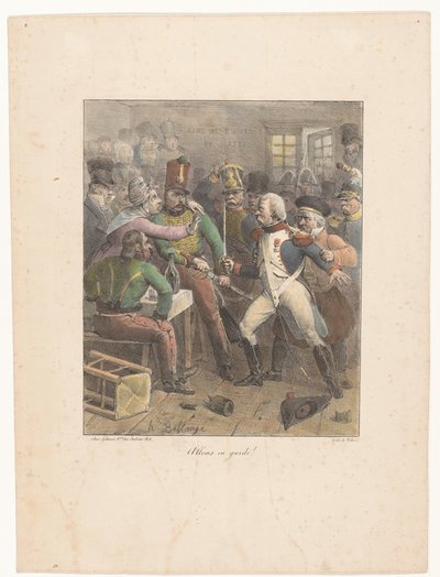 Dois soldados cruzam espadas num bar
Allons en garde! (título sobre o objecto)
Esboços litográficos (título da série)
Croquis litografiques (título da série) de Hippolyte Bellange