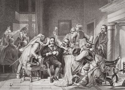 Charles I (1600-49), na sala de guarda insultado pelos soldados de Oliver Cromwell, de "Ilustrações da História Escocesa e Inglesa", Volume I de Hippolyte Delaroche