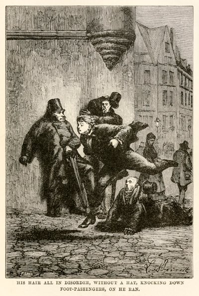 O seu cabelo todo em desordem, sem chapéu, derrubando os passantes, sobre ele correu, de "Volta ao mundo em oitenta dias" de Jules Verne (1828-1905) gravado por Louis de Hippolyte Leon (after) Benett