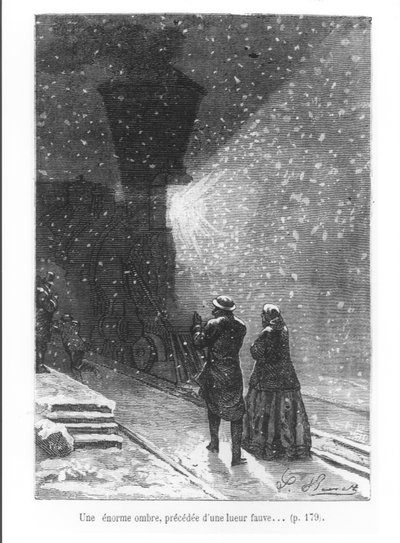 Uma enorme sombra, precedida por uma luz brilhante, ilustração de "Ao redor do mundo em oitenta dias" por Jules Verne (1828-1905) gravada por Pan, 1873 de Hippolyte Leon Benett