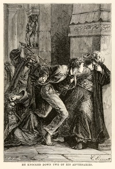 Derrubou dois de seus adversários, de Volta ao Mundo em Oitenta Dias, de Jules Verne (1828-1905), gravados por Louis Dumont (n.1822), 1873 de Hippolyte Leon Benett