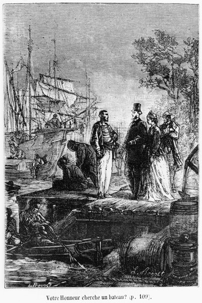 É sua honra à procura de um barco, ilustração de "Around the World in Oitenta Dias" por Jules Verne (1828-1905) final do século 19 de Hippolyte Leon Benett
