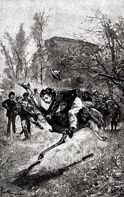 O jovem Serviço está a montar numa avestruz. Gravação de Hippolyte Leon Benett