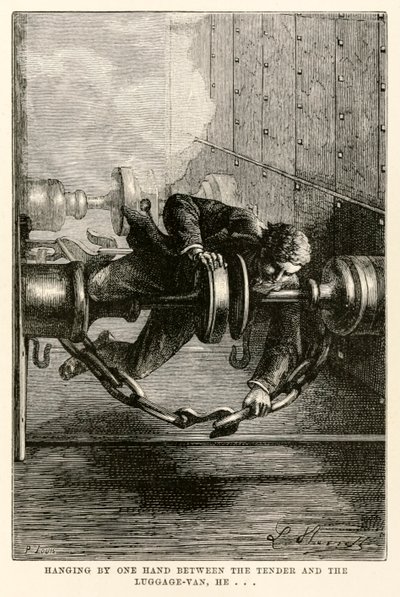 Pendurado por um lado entre o concurso e a bagagem-van, ele ... de todo o mundo em oitenta dias por Jules Verne (1828-1905) gravado por Louis, 1873 de Hippolyte Leon after Benett