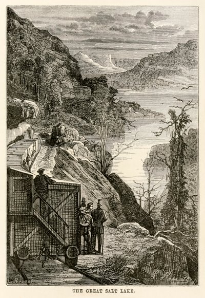O Grande Lago Salgado, de todo o mundo em oitenta dias por Jules Verne (1828-1905) gravado por Prévost, 1873 de Hippolyte Leon after Benett