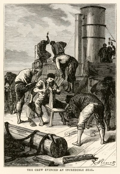 A tripulação evidenciou um incrível zelo, de Volta ao Mundo em Oitenta Dias, de Jules Verne (1828-1905), gravado por Louis Dumont (n.1822), 1873 de Hippolyte Leon after Benett