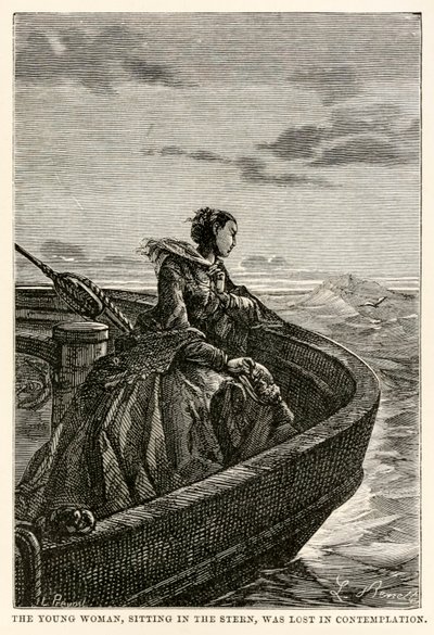 A jovem mulher, sentada na popa, foi perdida em contemplação, de Volta ao Mundo em Oitenta Dias por Jules Verne (1828-1905), gravada por Jean Louis Prevost, (1790-1850), 1873 de Hippolyte Leon after Benett