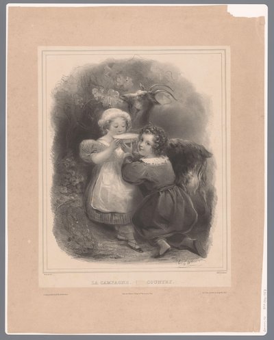 Duas crianças com uma cabra a beber leite de cabra
La Campagne / País (título sobre o objecto) de Hippolyte Louis Garnier