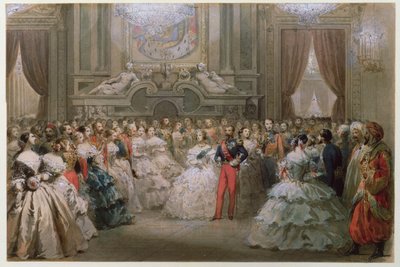 Rainha Vitória (1819-1901) e Príncipe Albert (1819-1861) em um jantar de gala oferecido por Napoleão III e Eugenie, 1853 (wc no papel) de Hippolyte Louis Pauquet