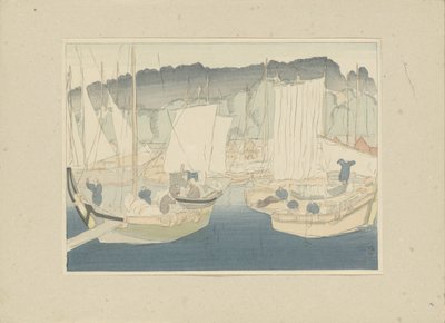Barcos no porto de Shiogama Shiogama (título no objeto) Parte três, área de Tôhoku (título da série) Dai sanshû, Tôhoku no bu (título da série no objeto) Impressões de paisagens japonesas (título da série) Nihon fûkei hanga (título da série no objeto) de Hirafuku Hyakusui